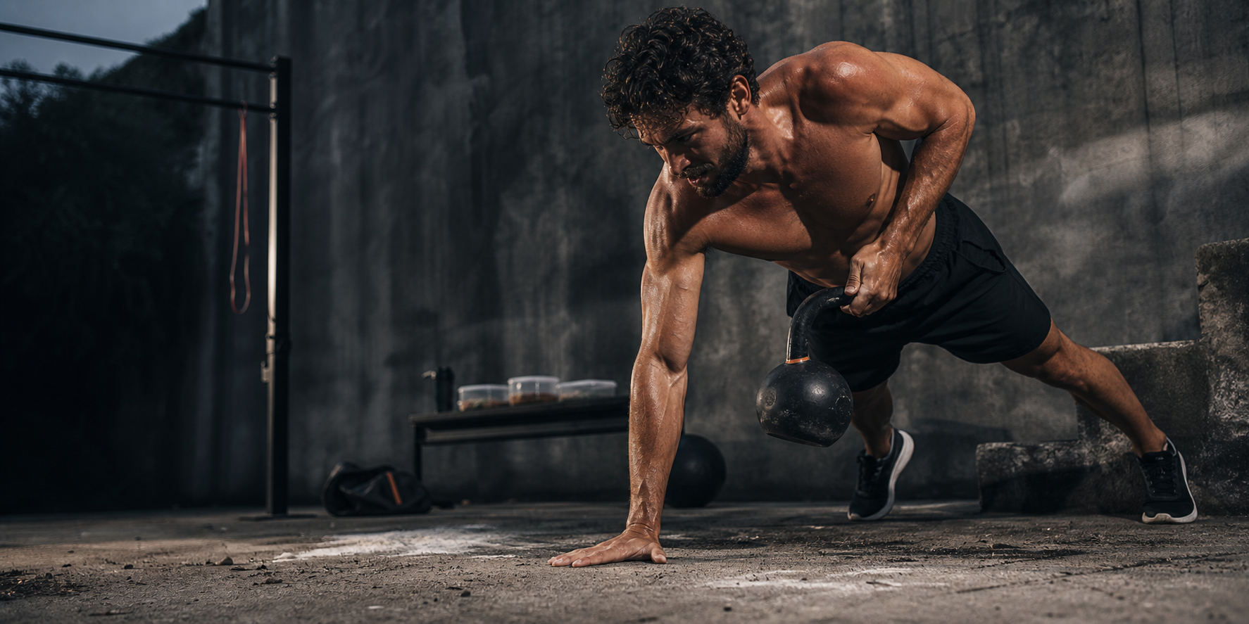 Raw calisthenics training scene with orange light and dark concrete