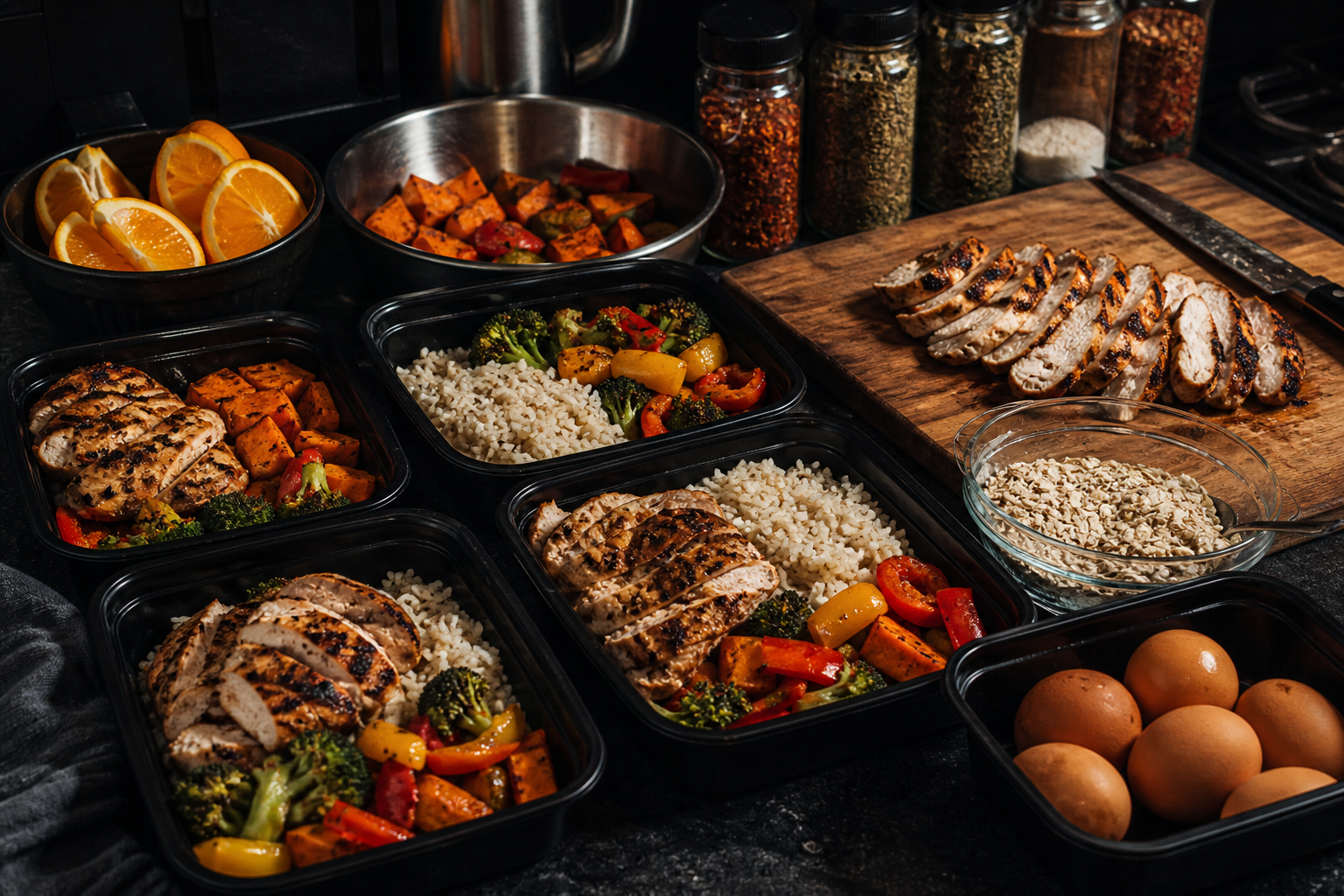 Meal prep containers with chicken, rice, vegetables, oats, eggs, and oranges